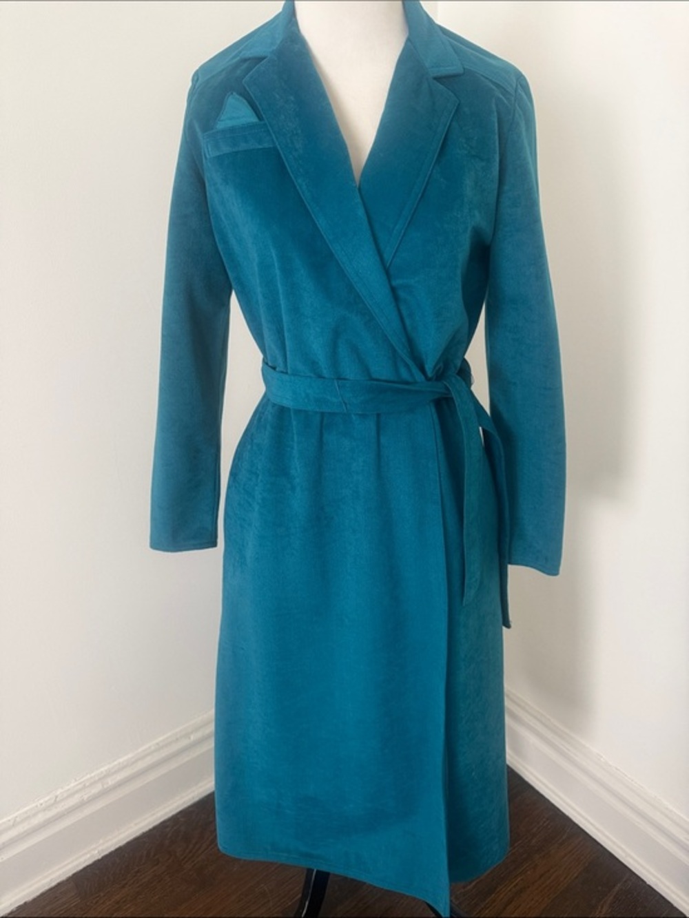 Vintage Caron of Chicago 70s Teal Wrap Faux Suede Coat Dress with Belt 10